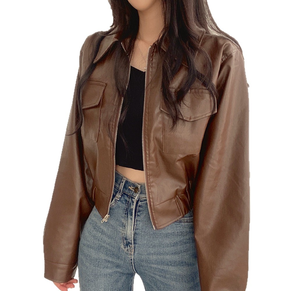 Double Pocket Lapel Leather Coat Leather Jacket Coat - Image 7