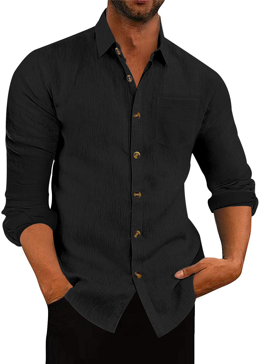 Men's Polo Collar Solid Color Long Sleeve Shirt Linen Loose Casual Cardigan - Image 5