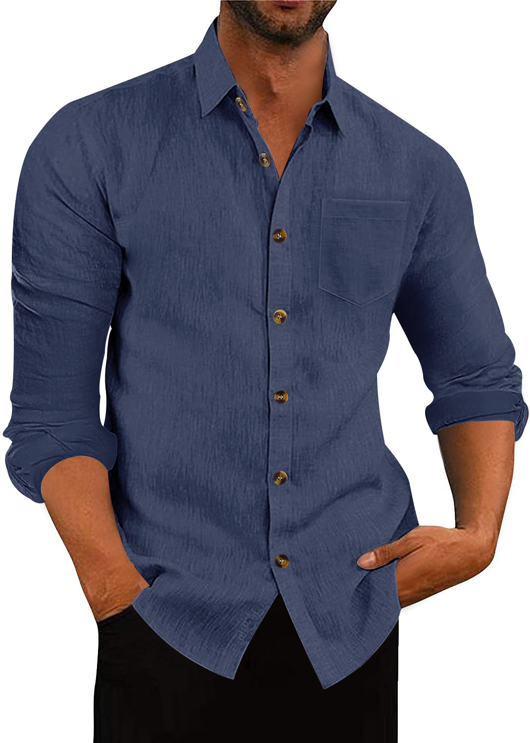 Men's Polo Collar Solid Color Long Sleeve Shirt Linen Loose Casual Cardigan - Image 10