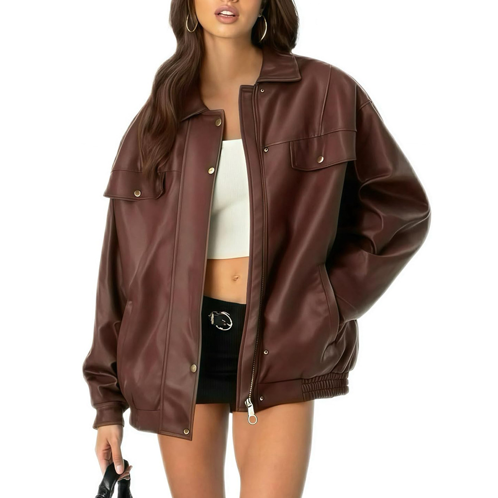 Women's Leather Jacket Loose Long Sleeve Lapel Motorcycle Jacket - Image 8
