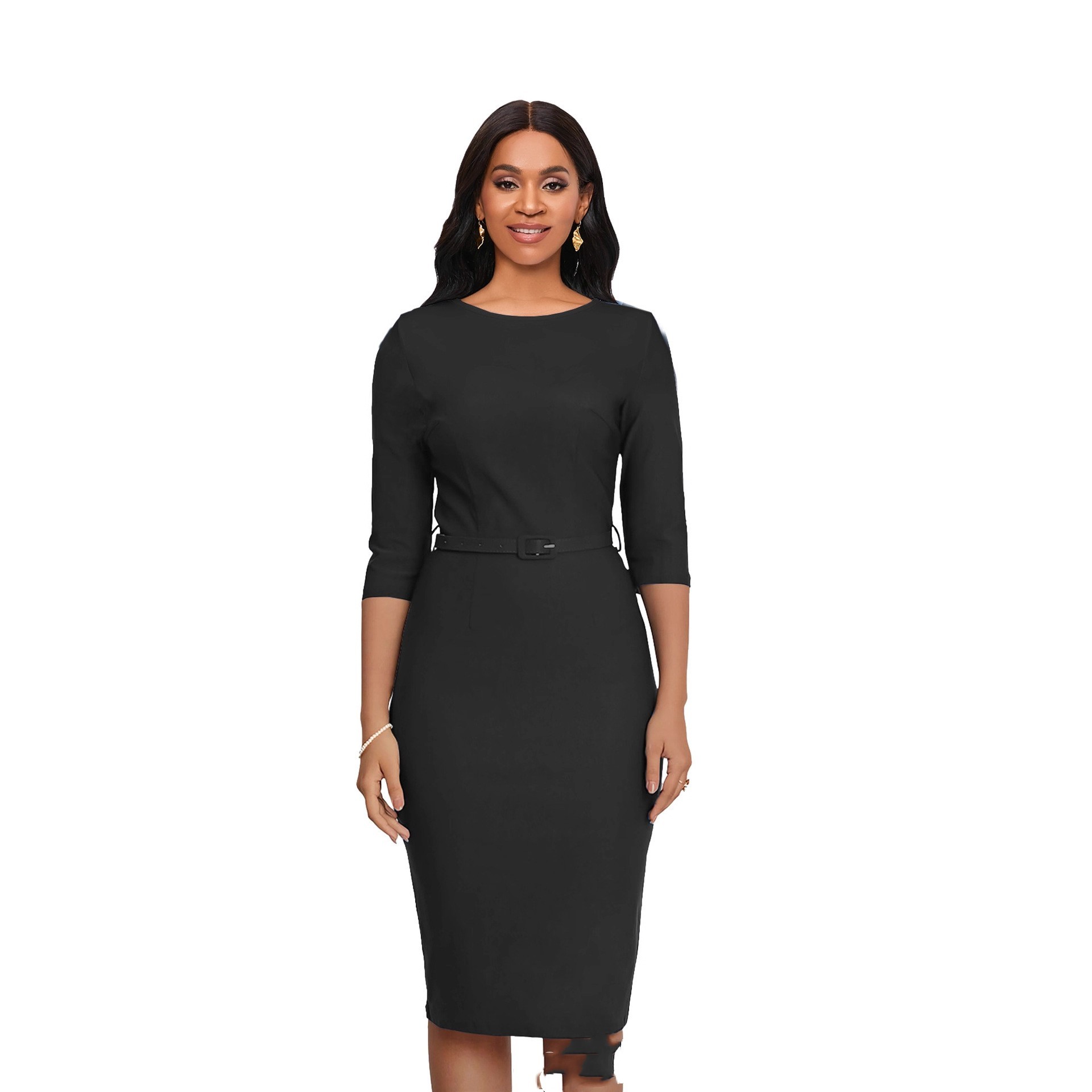 Round Neck Sheath And Fitted Waist Belt Slimming Dress - Image 2