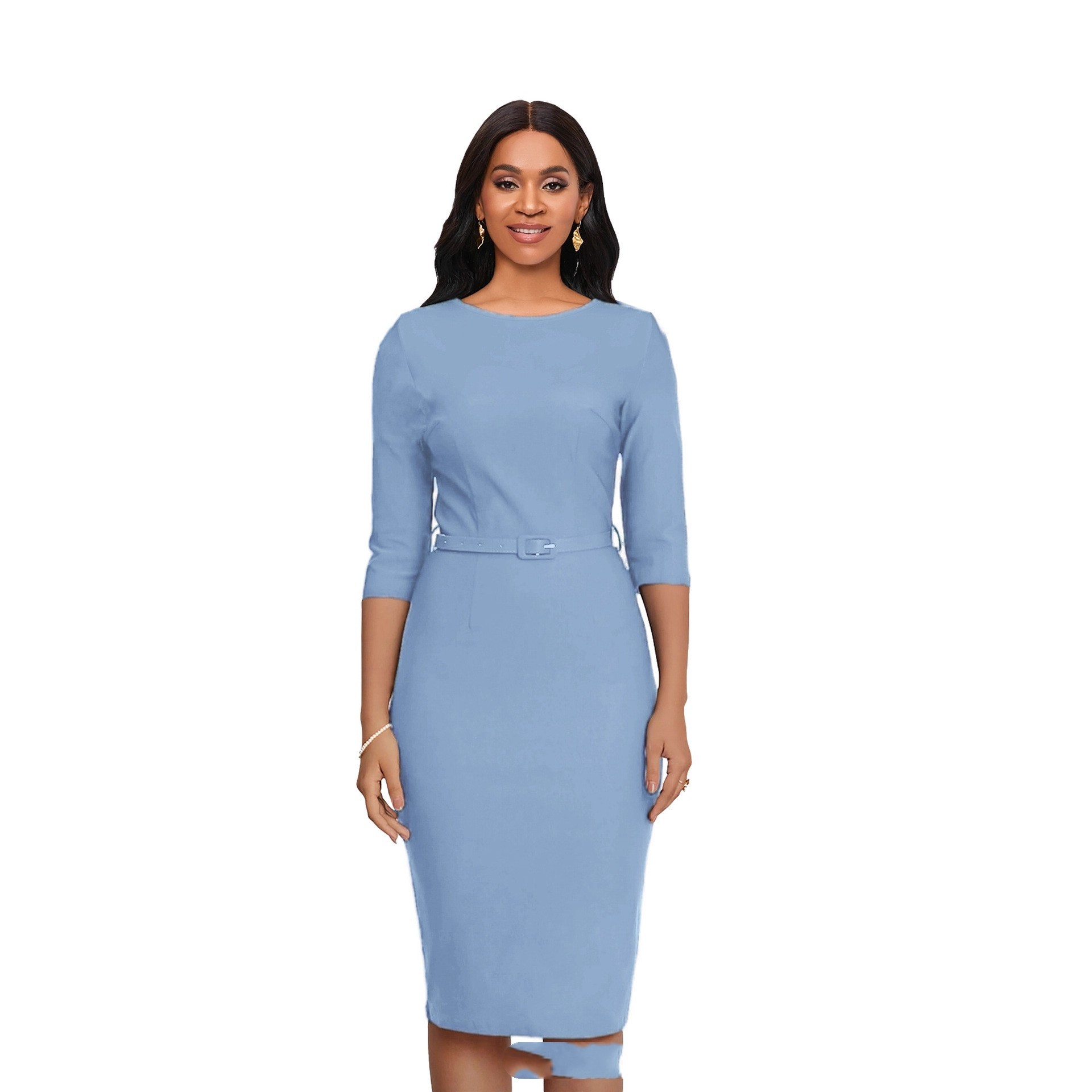 Round Neck Sheath And Fitted Waist Belt Slimming Dress - Image 3