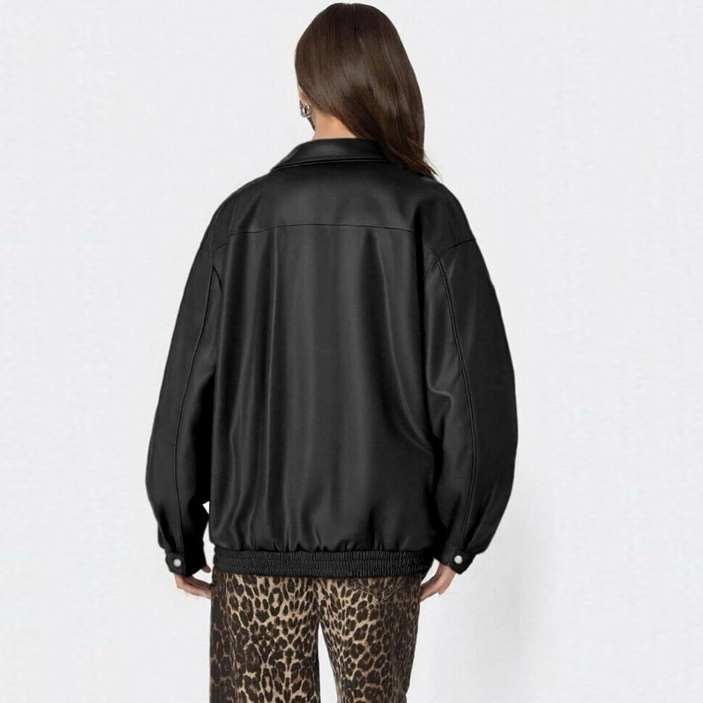 Women's Leather Jacket Loose Long Sleeve Lapel Motorcycle Jacket - Image 7