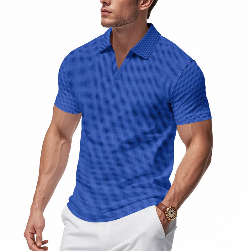 Summer Men's Loose Leisure Sports V-neck Waffle Short Sleeve Lapel Polo Shirt Men - Image 10