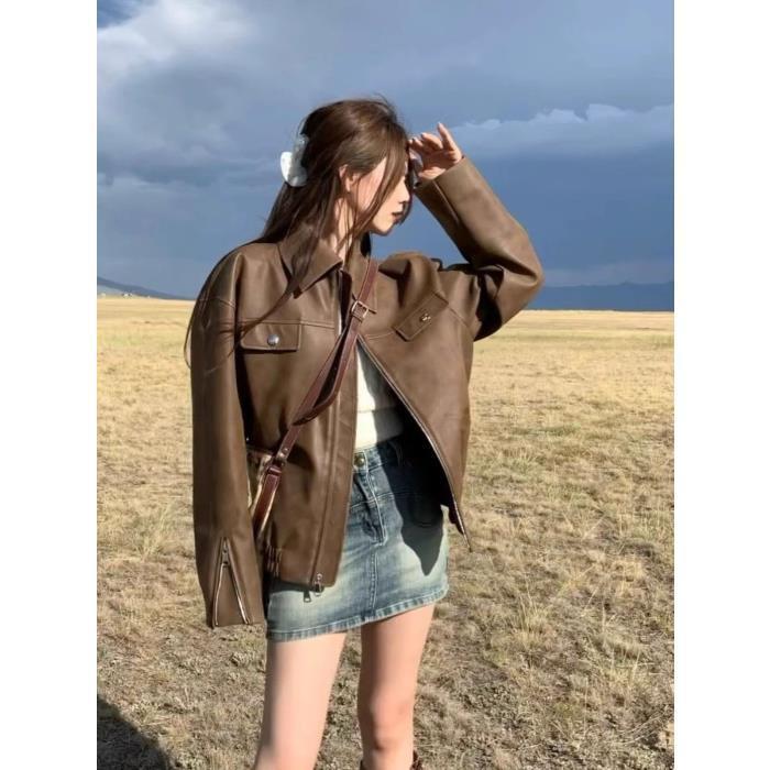 Women's Casual American Retro Solid Color Loose Leather Coat - Image 4