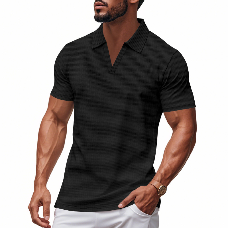 Summer Men's Loose Leisure Sports V-neck Waffle Short Sleeve Lapel Polo Shirt Men - Image 4