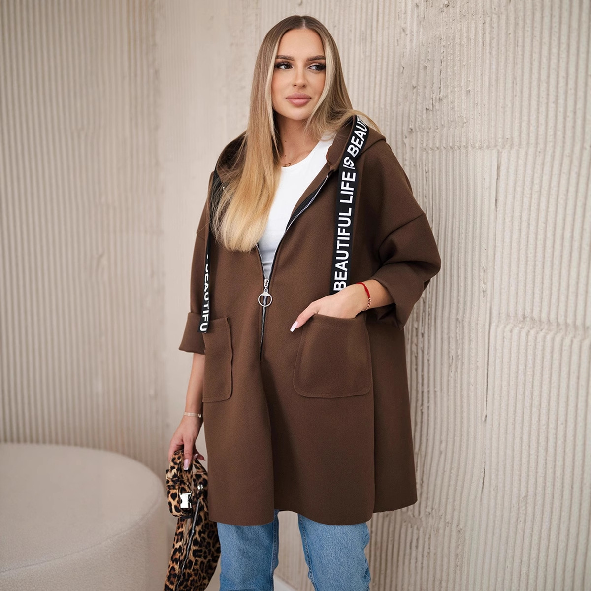 Hooded Sports Women's Large Size Long Sleeve Zipper Woolen Coat