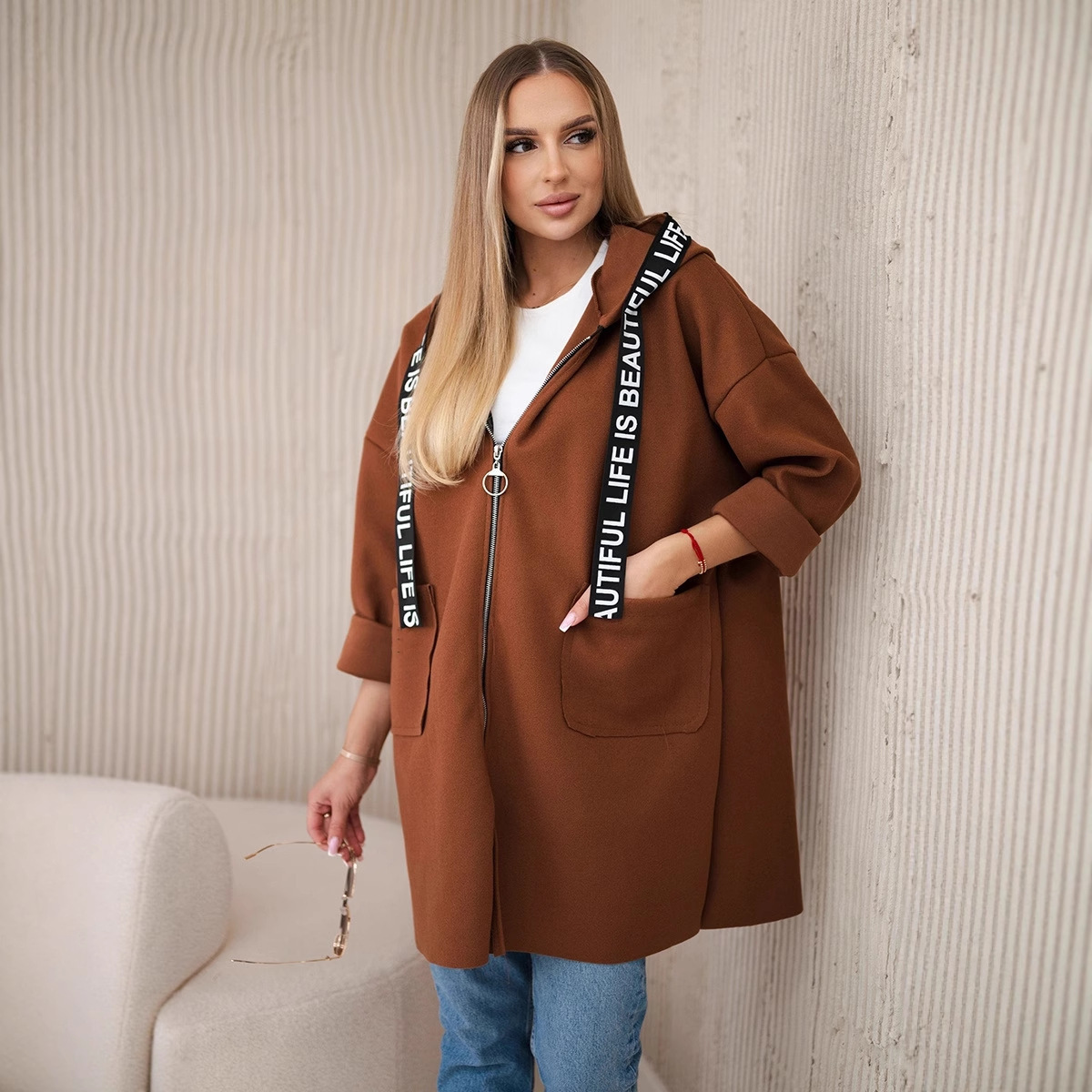 Hooded Sports Women's Large Size Long Sleeve Zipper Woolen Coat - Image 6