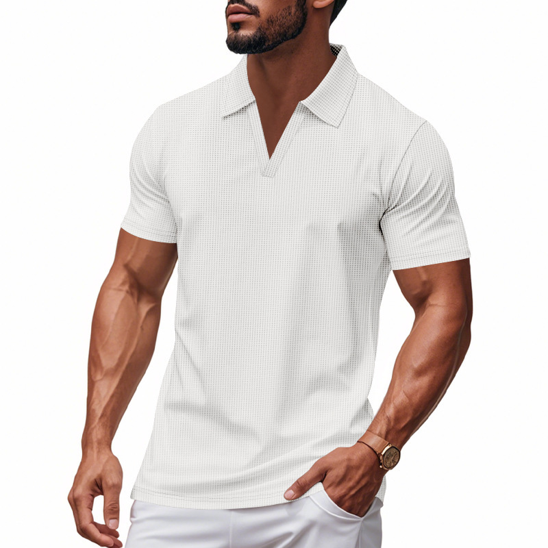 Summer Men's Loose Leisure Sports V-neck Waffle Short Sleeve Lapel Polo Shirt Men - Image 5