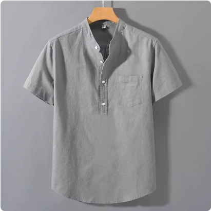 Casual Stand Collar Short Sleeve Solid Color Slub Linen Shirt Top - Image 4