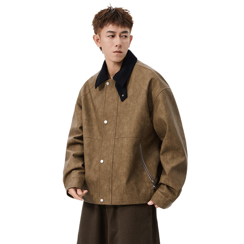 Large Size Men's PU Leather Coat Polo Collar Jacket - Image 4