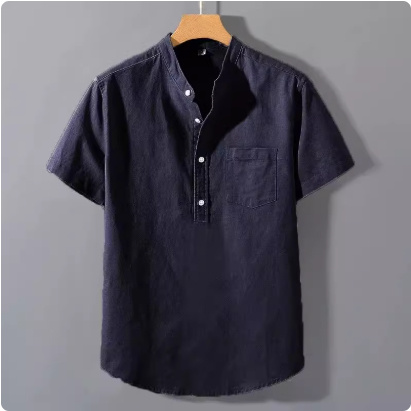 Casual Stand Collar Short Sleeve Solid Color Slub Linen Shirt Top - Image 5