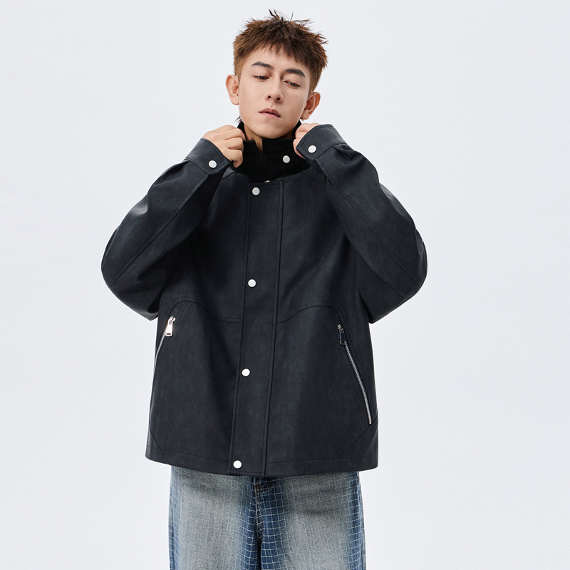 Large Size Men's PU Leather Coat Polo Collar Jacket - Image 3