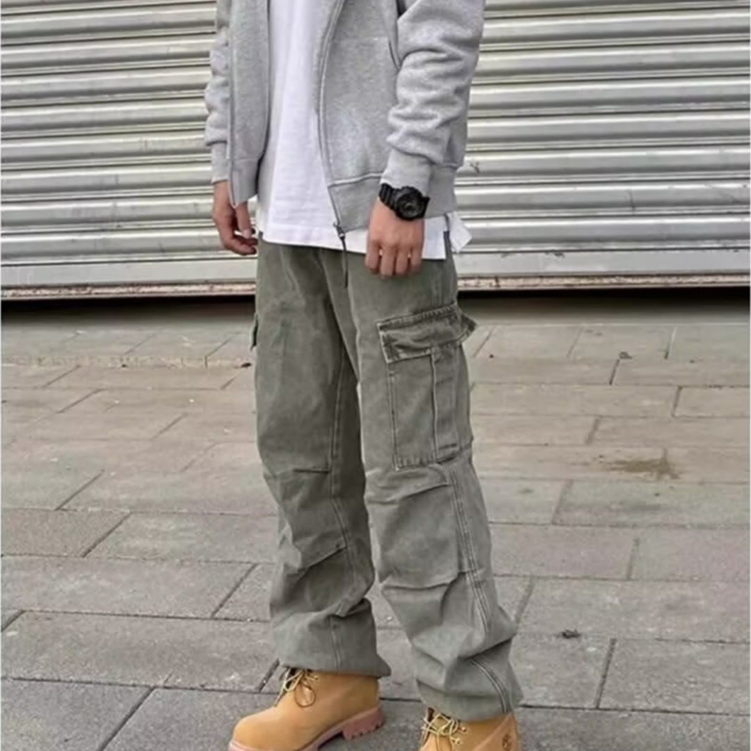 Loose Straight Heavy Stone Washed Retro Casual Denim Trousers